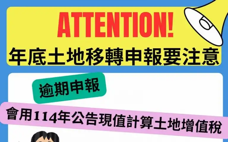 年底土地移轉申報要注意～逾30日申報會用114年公告現值核定土地增值稅！